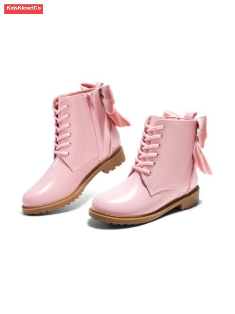 Girls Combat Ankle Boots Bow Lace Up Side Zipper Chunky Heel Faux Leather